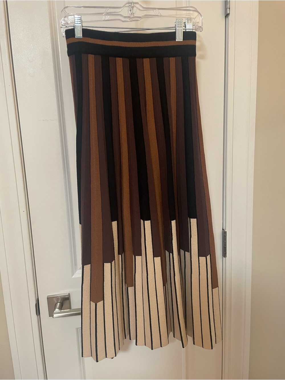 Pleated Striped Midi Knit Skirt in Brown, Black & Cream, Vintage-Style, Unique